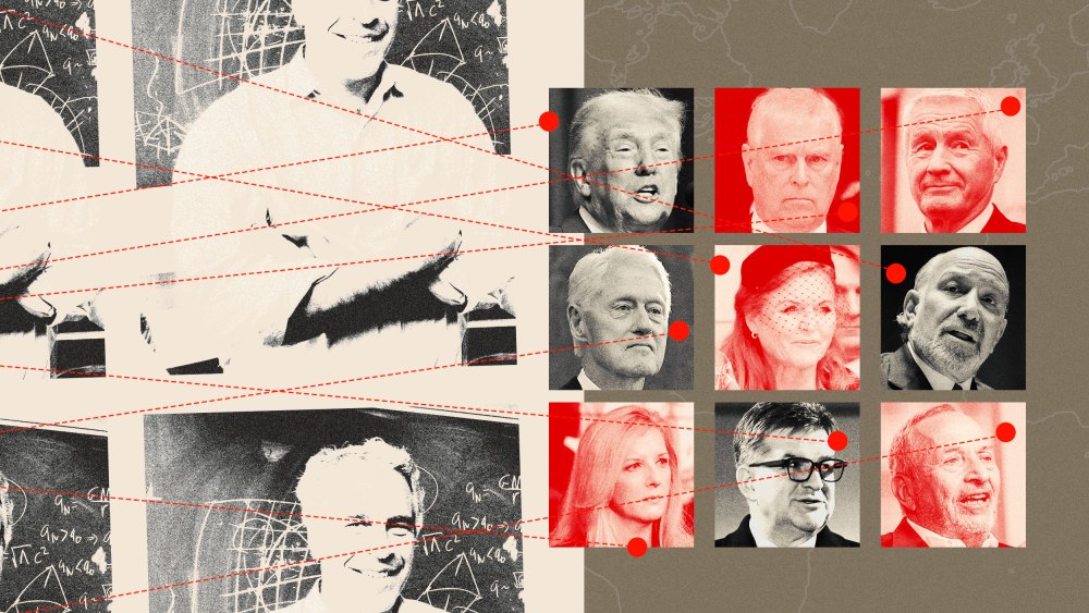 Photo of Jeffrey Epstein connected to photos of President Donald Trump, Andrew Mountbatten-Windsor, Thorbjorn Jagland, Bill Clinton, Sarah Ferguson, Howard Lutnick, Kathy Ruemmler, Miroslav Lajcak and Larry Summers.