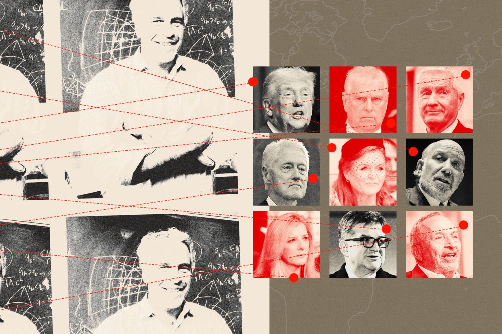 Photo of Jeffrey Epstein connected to photos of President Donald Trump, Andrew Mountbatten-Windsor, Thorbjorn Jagland, Bill Clinton, Sarah Ferguson, Howard Lutnick, Kathy Ruemmler, Miroslav Lajcak and Larry Summers.