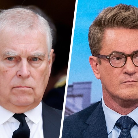 This split images shows former Prince Andrew at left and MS NOW's Scarborough at right..