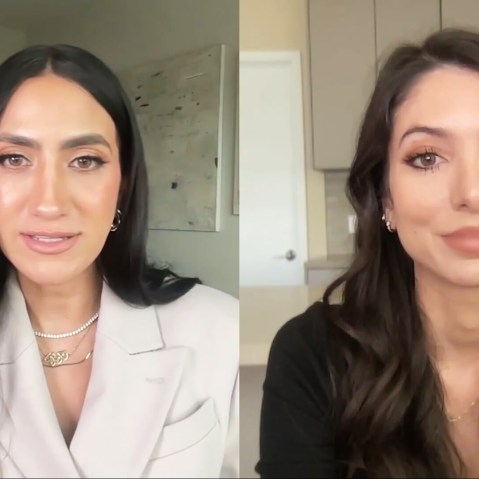 This is a video screenshot, showing Mamdana Dayani interviewing Noor Pahlavi - side by side.