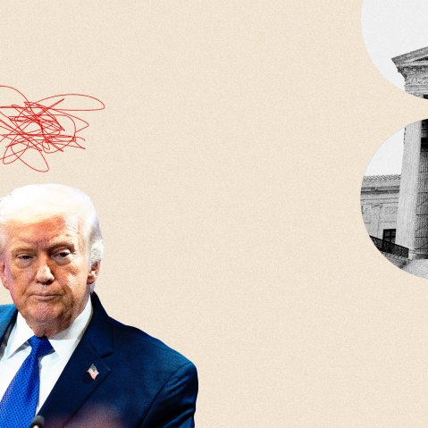 Donald Trump with a red scribble over his head. He is overlaid on a cutout of the U.S. Supreme Court building.