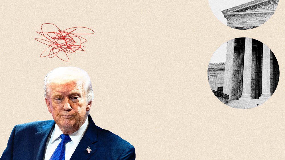 Donald Trump with a red scribble over his head. He is overlaid on a cutout of the U.S. Supreme Court building.