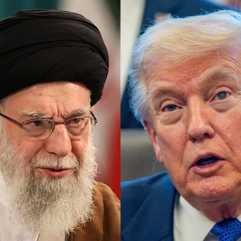 This split image shows Khamenei at left and Trump at right.