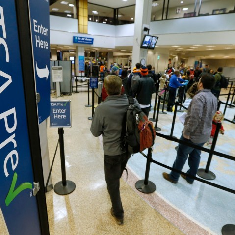 A TSA security check point at the Salt Lake City International Airport