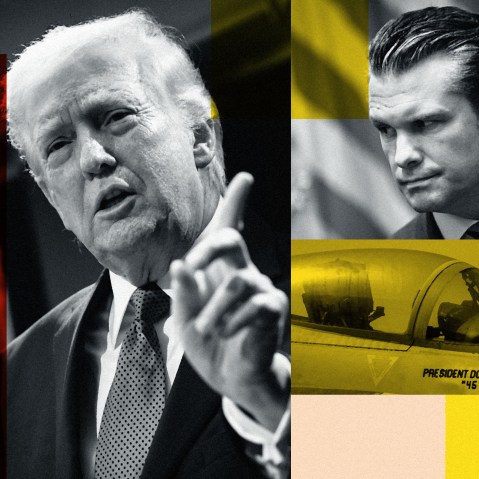 A stylized collage of Donald Trump, Pete Hegseth, and a fighter jet reading “President Donald J. Trump 46-47”