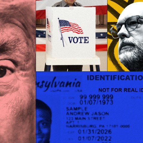A stylized collage of Donald Trump, Russell Vought, a sample ID Card, and a voting booth.