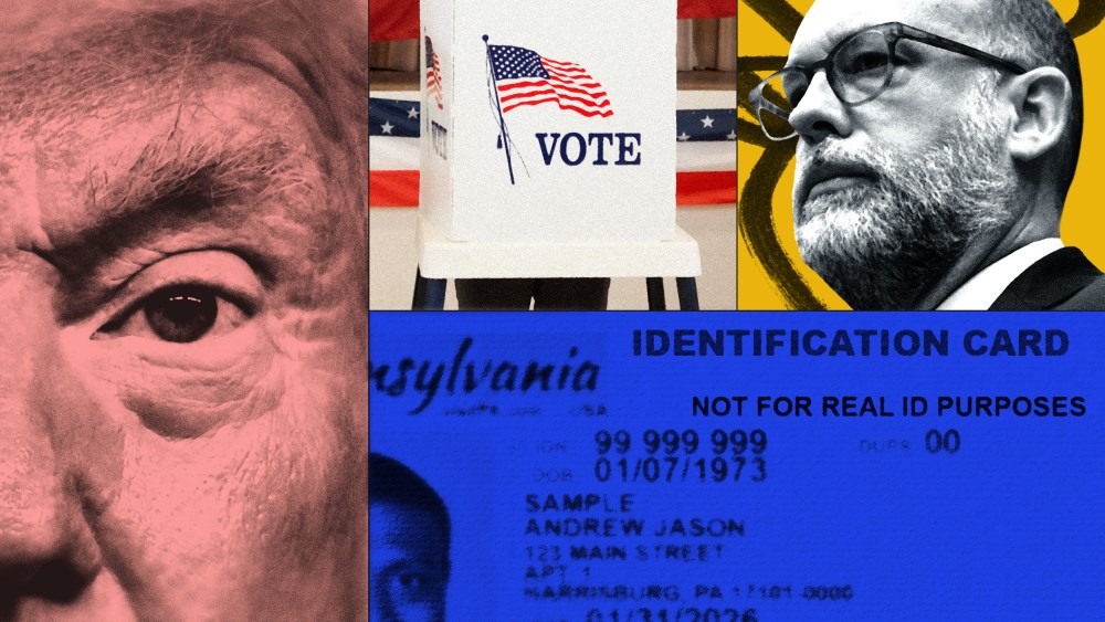 A stylized collage of Donald Trump, Russell Vought, a sample ID Card, and a voting booth.