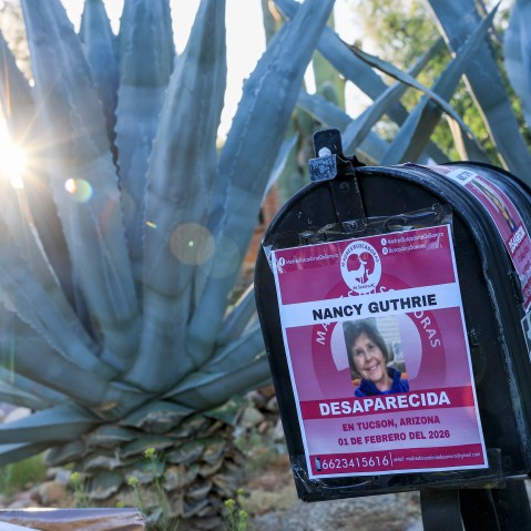 A mailbox with a photo of Nancy Guthrie is seen in front of agave plants.