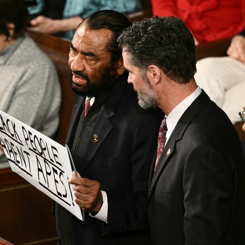 Rep. Al Green holds a sign reading "Black People Aren't Apes."