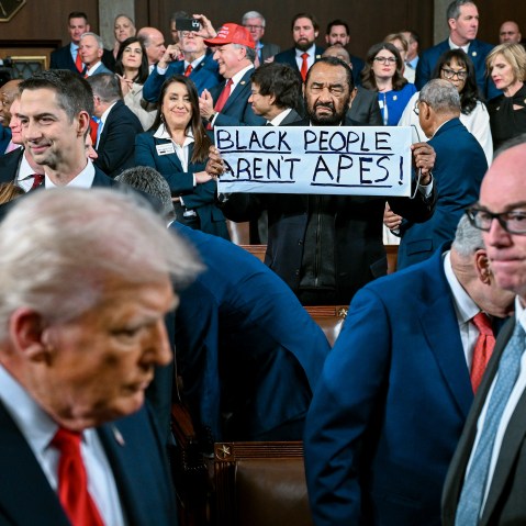 Al Green holds a sign that says "Black People Aren't Apes!" In the foreground, President Trump is visible but out of focus.