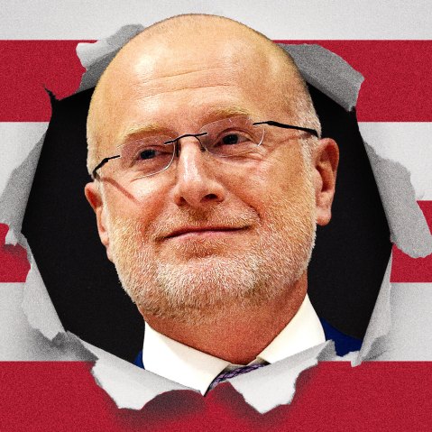 Photoillustration of Brendan Carr popping his head out of an American flag.