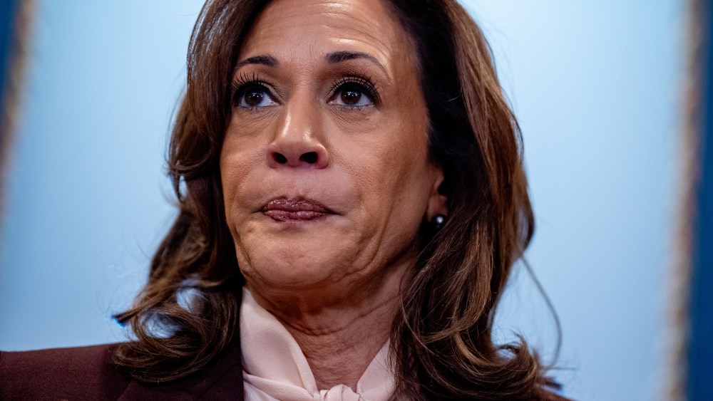 Kamala Harris speaking to reporters as she walks out of a meeting at the U.S. Capitol.