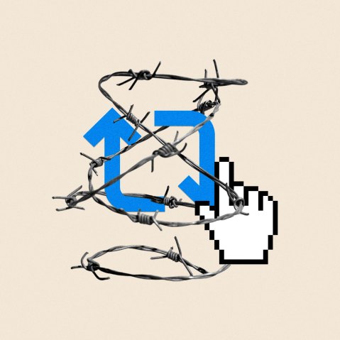 Photoillustration of a cursor clicking a repost button with barbed wire overlaid.
