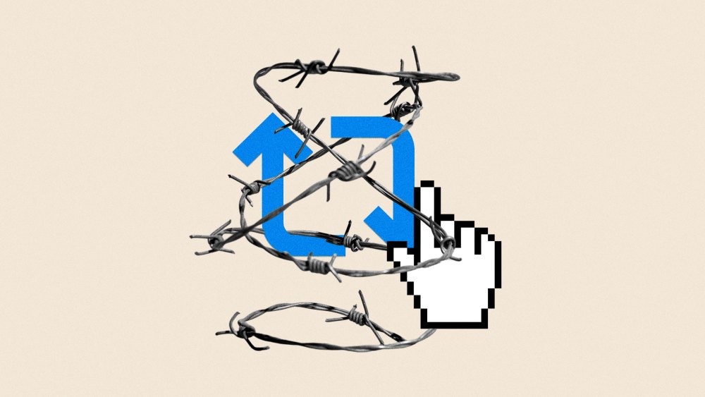 Photoillustration of a cursor clicking a repost button with barbed wire overlaid.