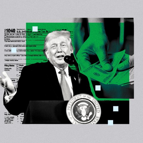 Photoillustration of Trump speaking with a collage of a person holding dollar bills, along with an IRS tax form.