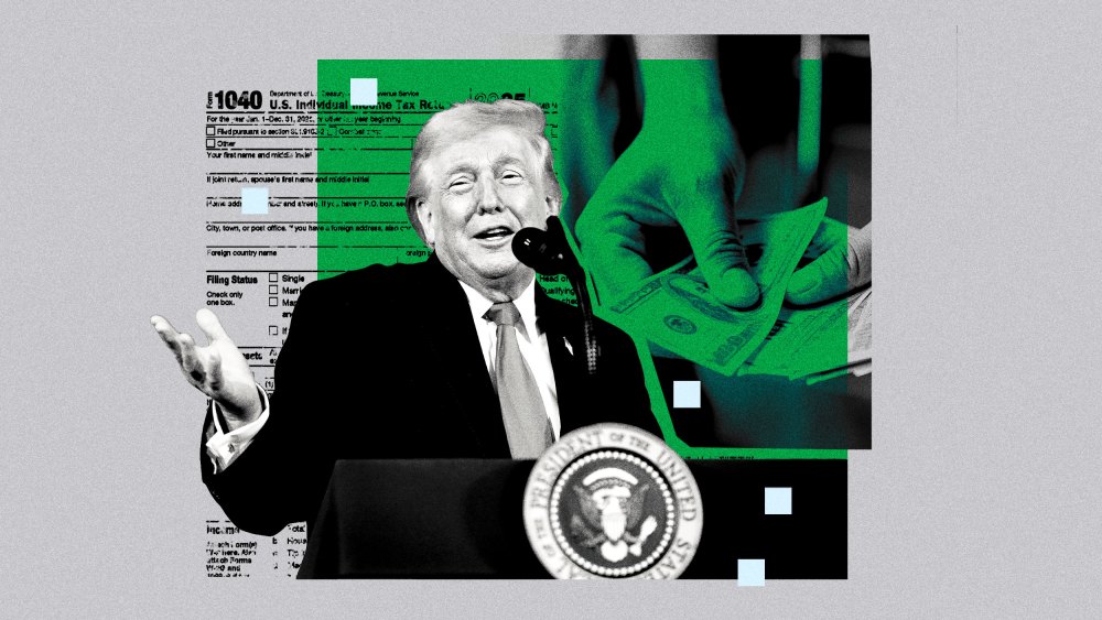 Photoillustration of Trump speaking with a collage of a person holding dollar bills, along with an IRS tax form.