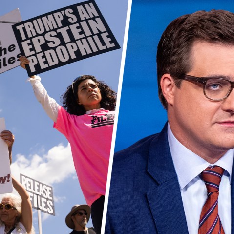 A split photo. On the left, protestors hold signs against Trump and for releasing the Epstein files. On the right, Chris Hayes.