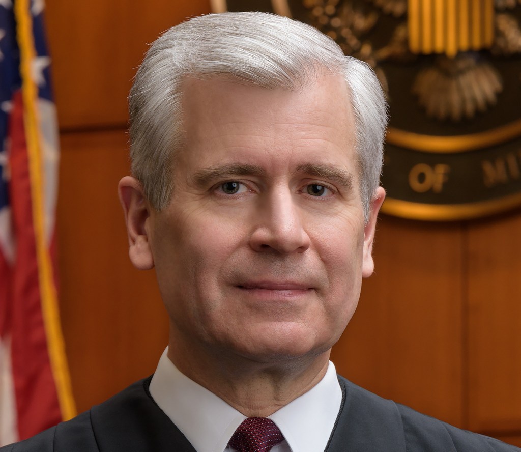 Judge Patrick Schiltz  smiles at the camera while posing for a portrait.