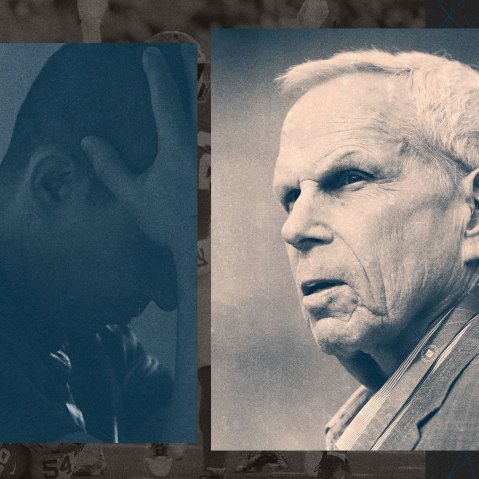 Photo illustration of Steve Tisch overlaid on an image of the Giants winning a game, next to a photo of a man with his head in his hands.