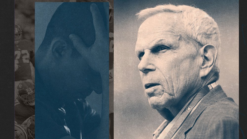 Photo illustration of Steve Tisch overlaid on an image of the Giants winning a game, next to a photo of a man with his head in his hands.