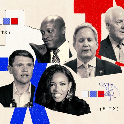 Photoillustration of Jasmine Crockett, James Talarico, John Cornyn, Ken Paxton and Wesley Hunt overlaid on collage assets of Texas and election-related symbols.