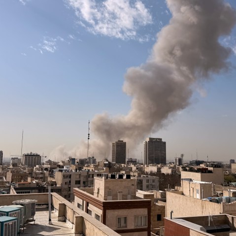 Smoke rises on the skyline after an explosion in Tehran, Iran, Saturday, Feb. 28, 2026.(AP Photo)