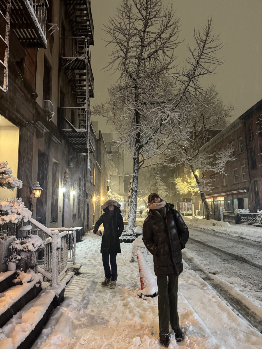 An image with two people standing on a snowy sidewalk in New York City