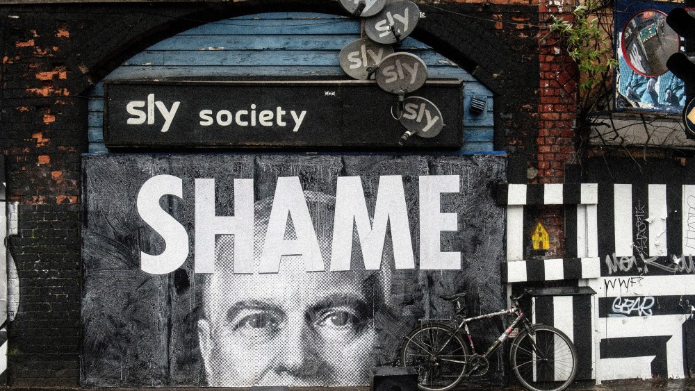 A mural of Prince Andrew, Duke of York is seen in Shoreditch on July 1, 2020 in London, England. The word SHAME is written across his face.