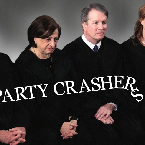 Supreme Court Chief Justice John Roberts, Associate Justice Elena Kagan, Associate Justice Brent Kavanaugh and Associate Justice Amy Coney Barrett attend the State of the Union address during a Joint Session of Congress at the U.S. Capitol on February 24, 2026, in Washington, DC. PARTY CRASHERS is written across the picture.