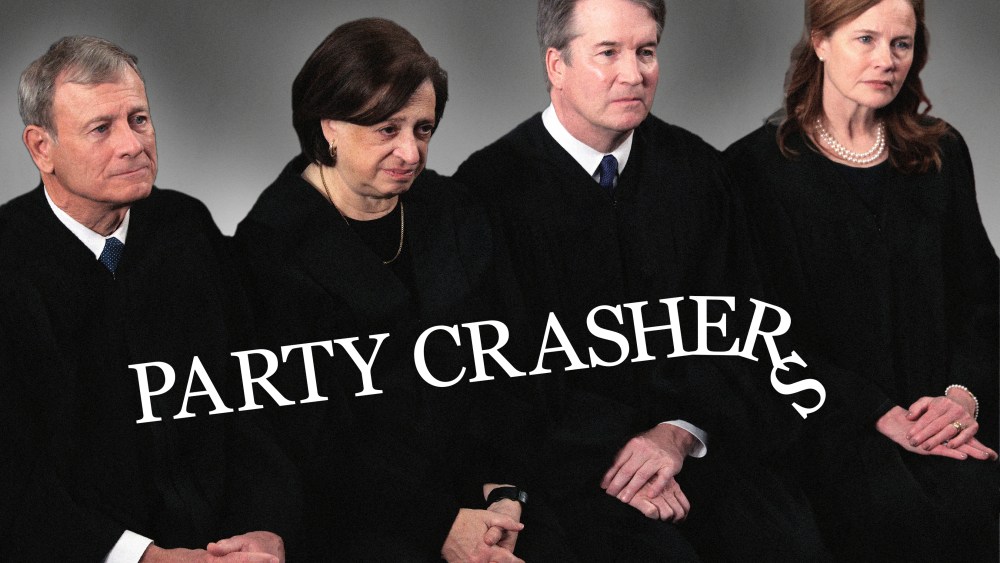 Supreme Court Chief Justice John Roberts, Associate Justice Elena Kagan, Associate Justice Brent Kavanaugh and Associate Justice Amy Coney Barrett attend the State of the Union address during a Joint Session of Congress at the U.S. Capitol on February 24, 2026, in Washington, DC. PARTY CRASHERS is written across the picture.