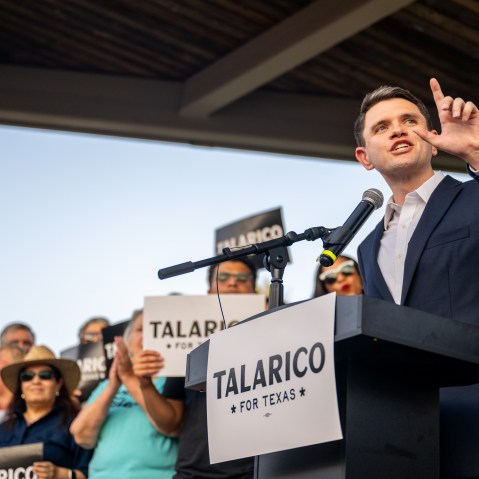 ROUND ROCK, TEXAS - SEPTEMBER 09: Democratic Texas State Rep. James Talarico speaks during a campaign launch rally on September 09, 2025 in Round Rock, Texas. Rep. Talarico announced earlier today that he will be running for U.S. Senate in Texas. (Photo by Brandon Bell/Getty Images)