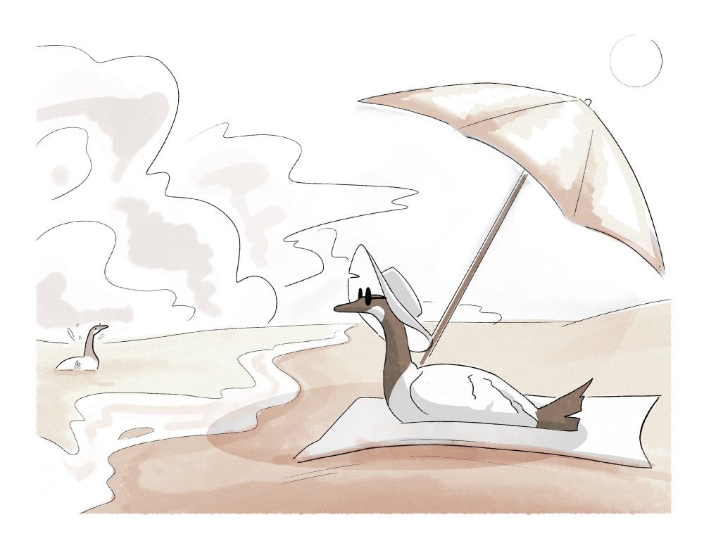 A hand-drawn illustration of two geese on a beach.