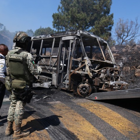 A soldier stands guard in Cointzio, Mexico