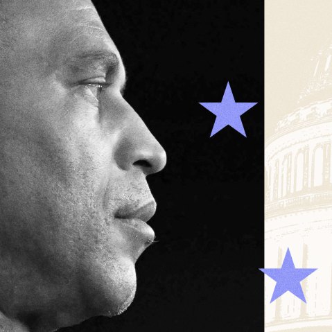 Photoillustration of Hakeem Jeffries looking to the side. He is overlaid on a background of the US Capitol, and the foreground includes light blue stars.