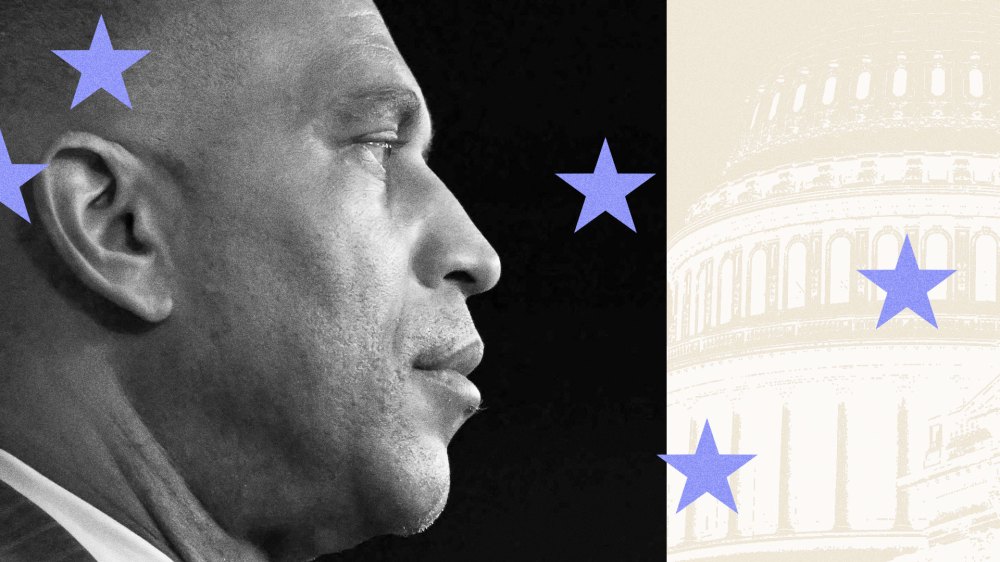 Photoillustration of Hakeem Jeffries looking to the side. He is overlaid on a background of the US Capitol, and the foreground includes light blue stars.