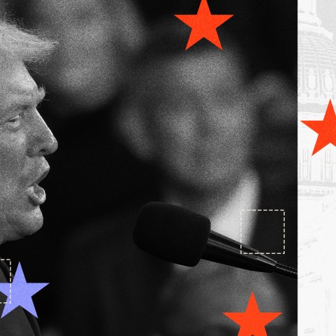 A photo illustration featuring Donald Trump with red and blue stars overlayed.