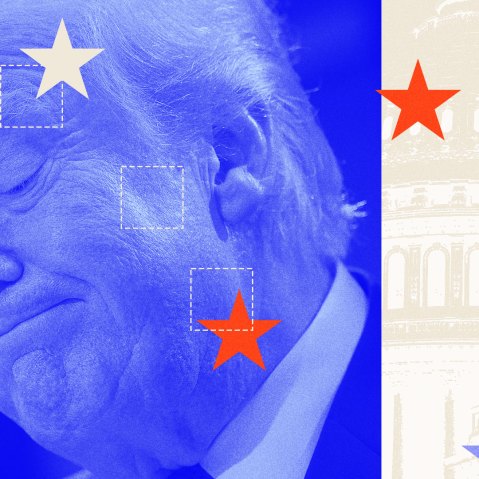Photoillustration of Donald Trump with a blue overlay, underneath a layer of check boxes and stars.