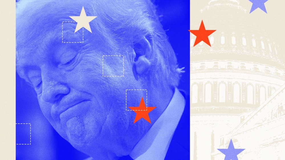 Photoillustration of Donald Trump with a blue overlay, underneath a layer of check boxes and stars.