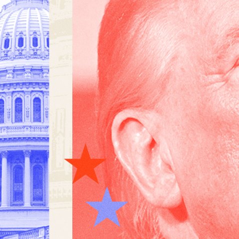 Photo illustration of Donald Trump with his back to the Capitol building, with stars overlaid.