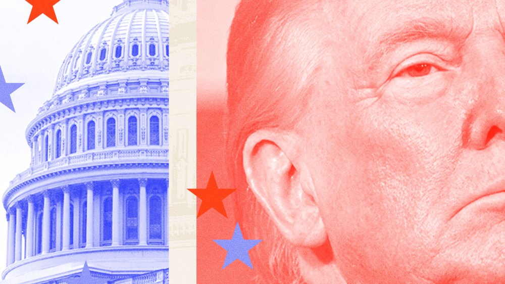 Photo illustration of Donald Trump with his back to the Capitol building, with stars overlaid.