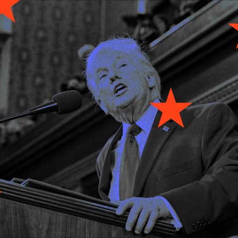 A photo illustration of Donald Trump with red and blue stars overlayed.