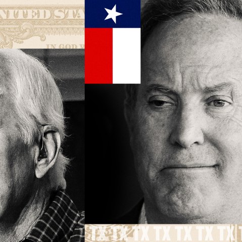 Photoillustration featuring side-by-side portraits of John Cornyn and Ken Paxton separated by the Texas state flag, with a U.S. currency fragment at the top and a repeating "TX" pattern along the bottom.