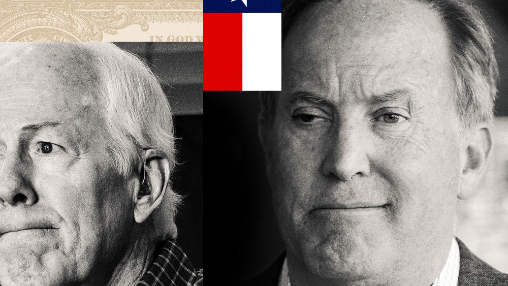 Photoillustration featuring side-by-side portraits of John Cornyn and Ken Paxton separated by the Texas state flag, with a U.S. currency fragment at the top and a repeating "TX" pattern along the bottom.