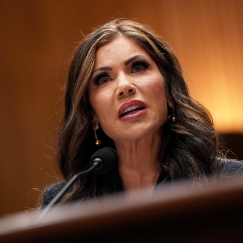 Kristi Noem speaks during her confirmation hearing before the Homeland Security and Governmental Affairs Committee on Jan. 17, 2025 on Capitol Hill.
