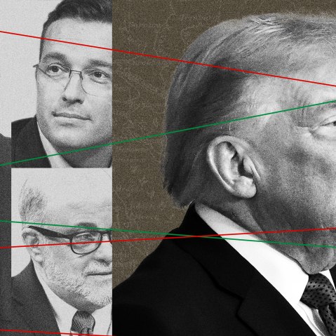 Photoillustration of Donald Trump with Lindsey Graham, Benny Johnson and Mark Levin, overlaid on a map of Iran and connected with lines the colors of Iran's flag.