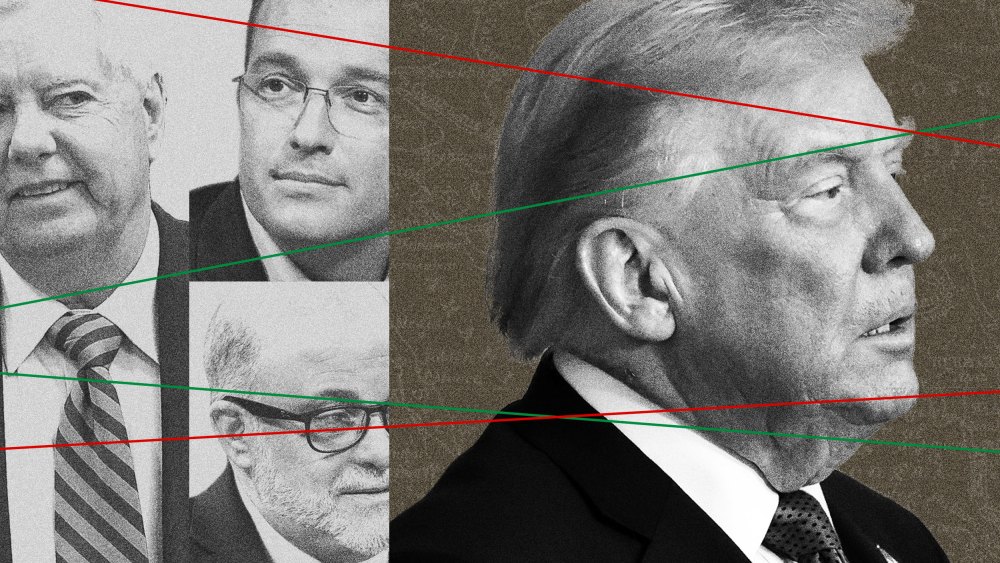 Photoillustration of Donald Trump with Lindsey Graham, Benny Johnson and Mark Levin, overlaid on a map of Iran and connected with lines the colors of Iran's flag.
