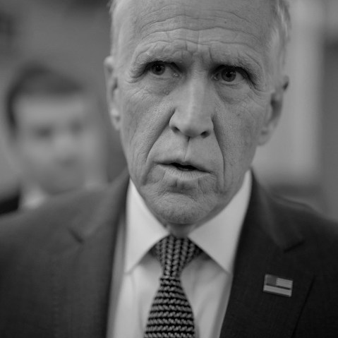 A close up of Thom Tillis in black and white.