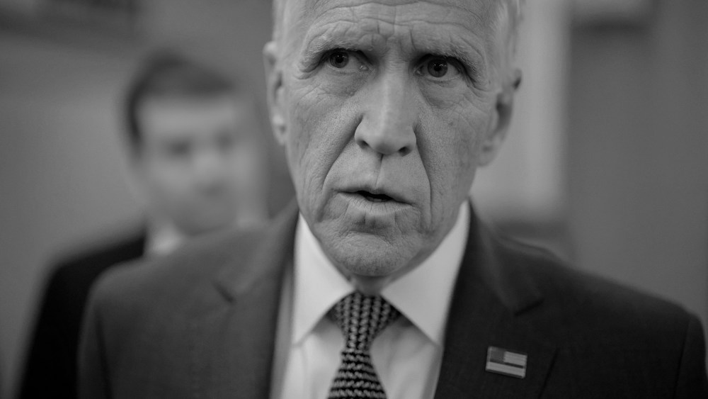 A close up of Thom Tillis in black and white.