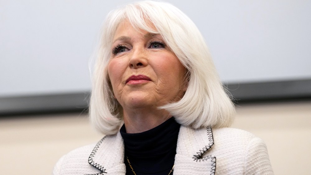 Tina Peters speaks during a debate for the state leadership position.