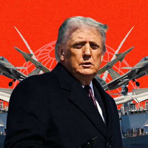 Photoillustration of Donald Trump in front of American military assets and an illustrated globe icon, all overlaid on a bright orange background.